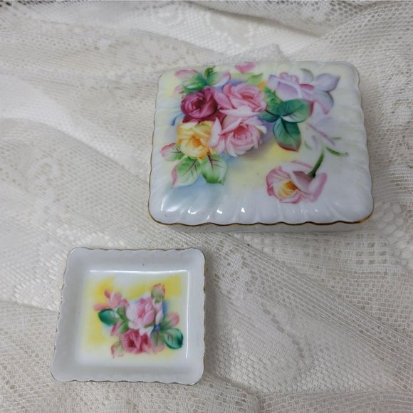 Darling Trinket Box w Tray Vintage Porcelain Flora - Picture 6 of 10